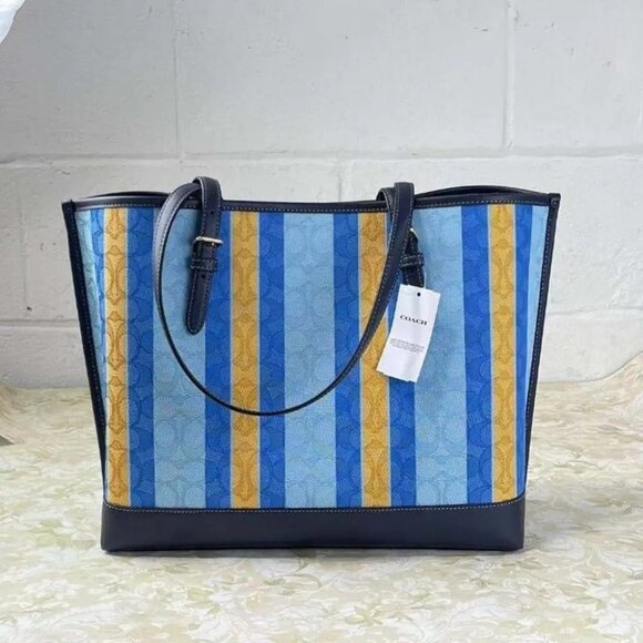 Coach Mollie Tote in signature jacquard with stripes C4088 Blue Yellow - Picture 2 of 5